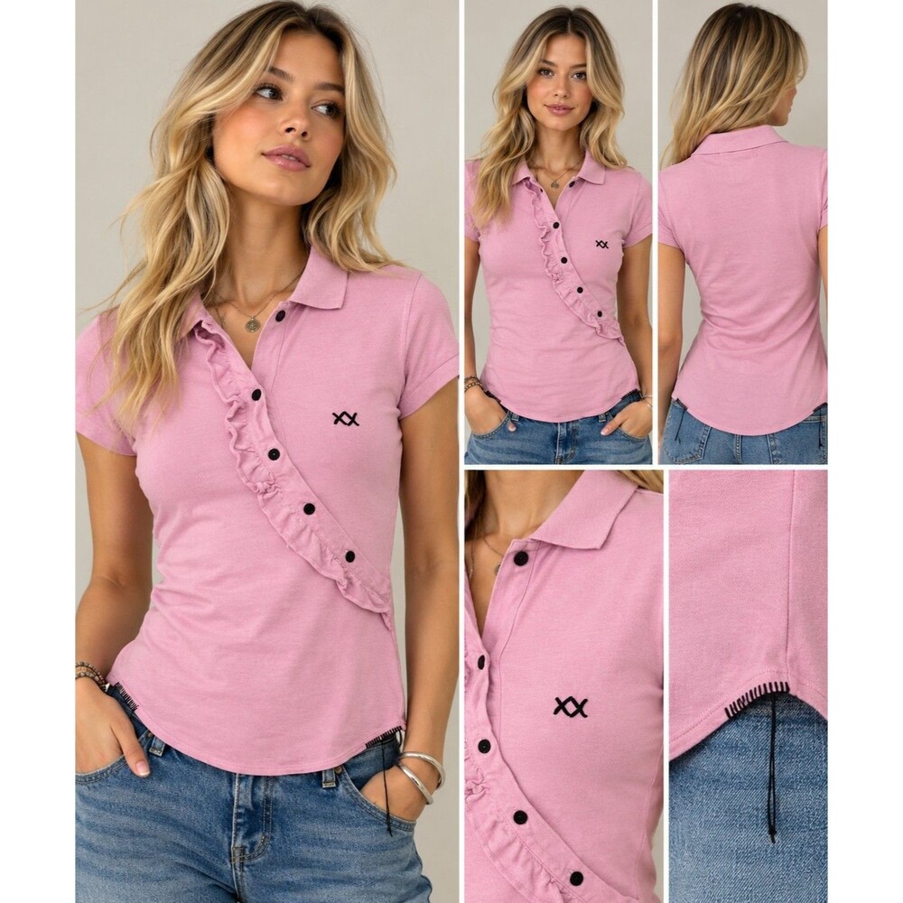 Project E Vintage Womens Pink Polo Shirt S Cotton Ruffle Asymmetrical Y2K